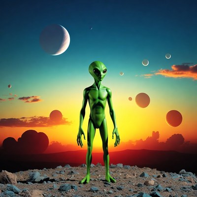 Green alien standing on rocky planet