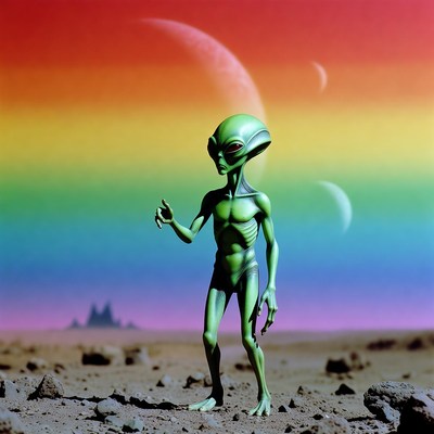 Green alien on rocky planet