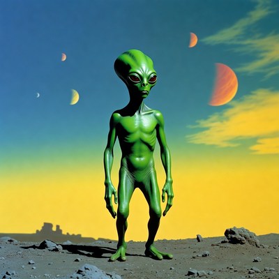 Green Alien Standing on Alien Planet