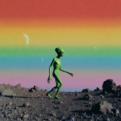 Green alien walking on rocky planet