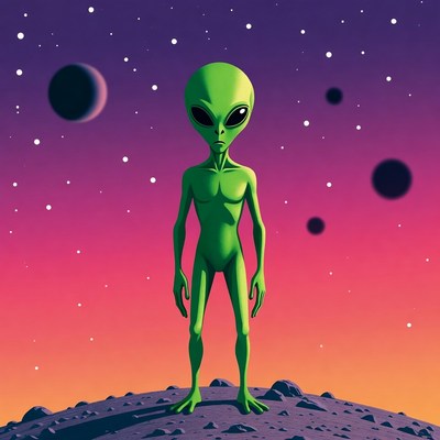 Green Alien Standing on Rocky Planet