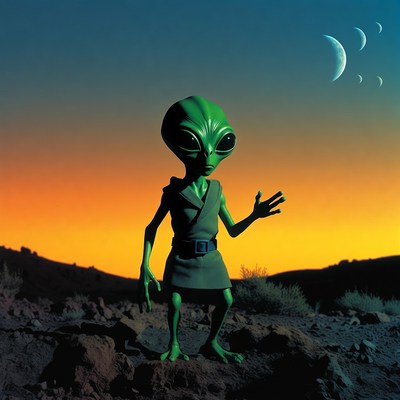Green Alien Standing on Desert Planet