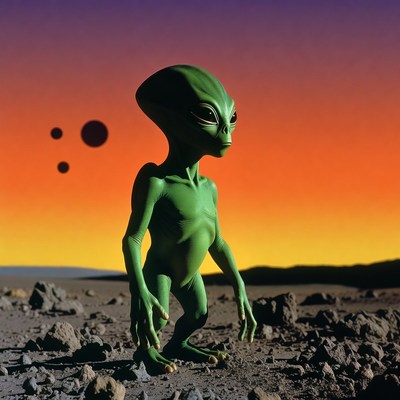 Green alien standing on rocky planet