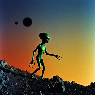 Green alien walking on rocky terrain