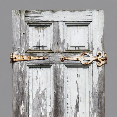 Old weathered white door with rusty hinges