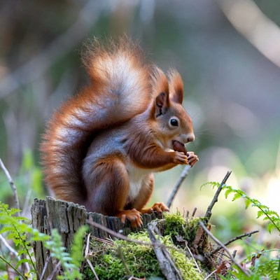 Red Squirrel Eating Nut on Stump