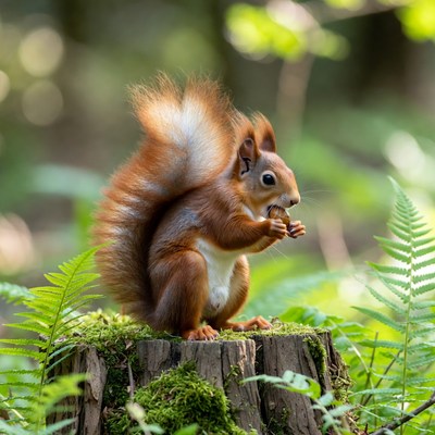 Red Squirrel Eating on Mossy Stump