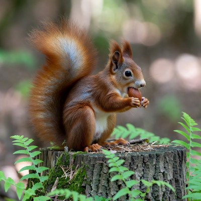 Red squirrel eating nut on stump