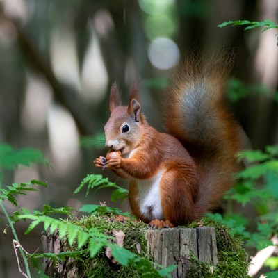 Red squirrel eating nut on mossy stump