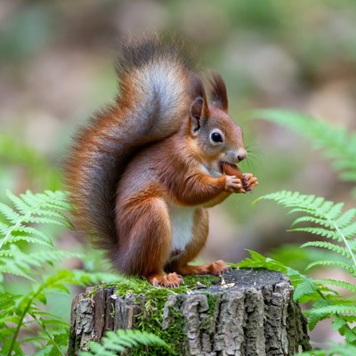 Red Squirrel Eating Nut on Stump