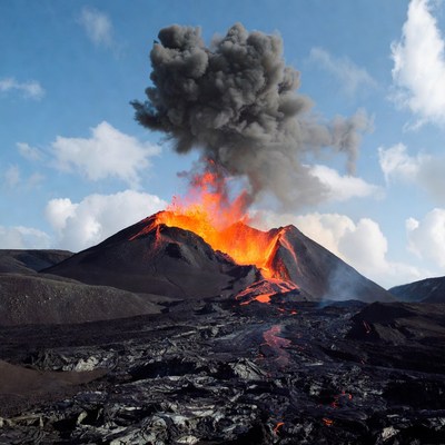Erupting Volcano with Lava Flows