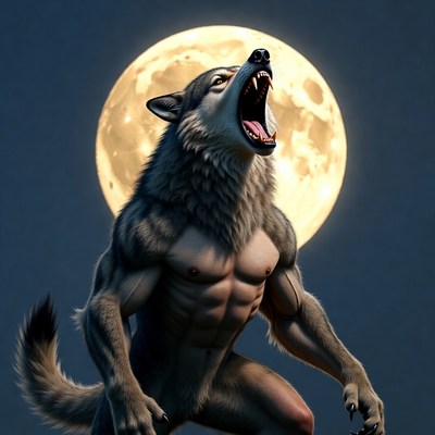 Howling Wolf Man Under Full Moon
