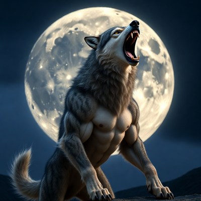 Howling Wolf Man Under Full Moon