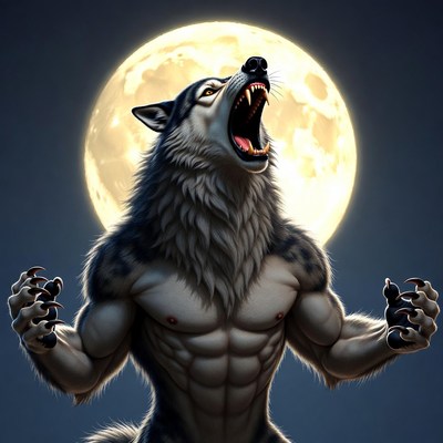 Howling muscular werewolf full moon