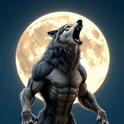 Howling Wolf Man Under Full Moon