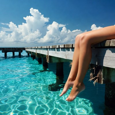 Woman's legs dangling over pier