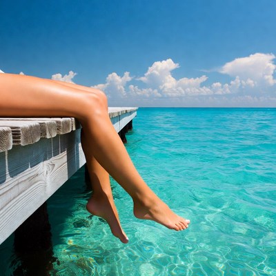 Woman's legs dangling over ocean pier