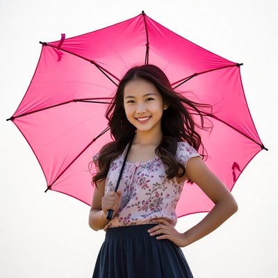 Asian girl holding pink umbrella