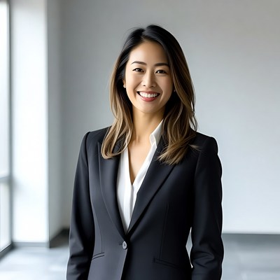 Asian woman in business suit smiling