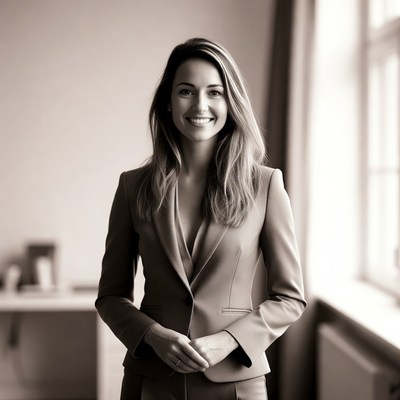 Smiling woman in blazer by window