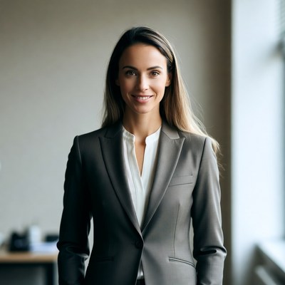 Smiling woman in gray business suit