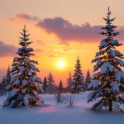 Snowy Christmas Trees at Sunset