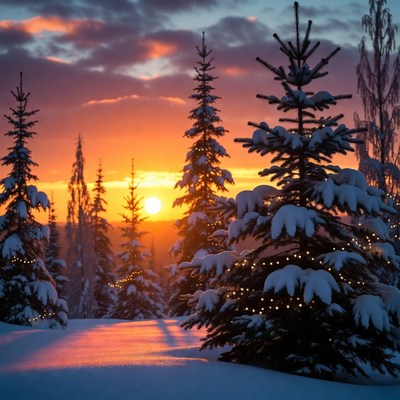 Snowy Pine Forest Sunset with Fairy Lights
