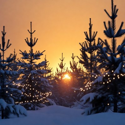 Snowy Pine Forest Sunset with Fairy Lights