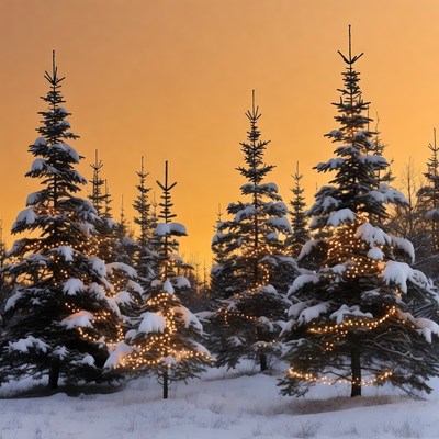 Snowy Christmas Trees with Lights at Sunset