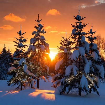 Snowy Christmas Trees at Sunset