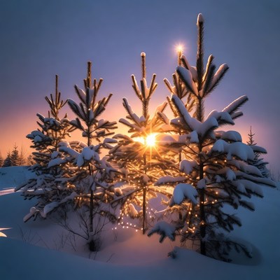 Snowy Pine Trees in Sunset Glow
