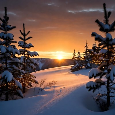 Snowy Pine Trees at Sunset
