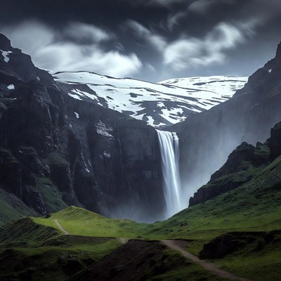 Waterfall in Snowy Mountain Valley