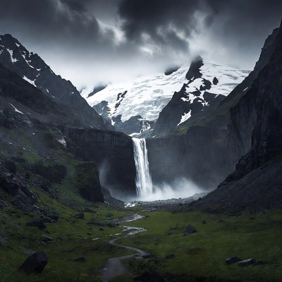 Waterfall in Snowy Mountain Valley