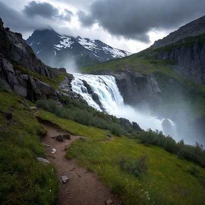 Waterfall cascading in misty mountains