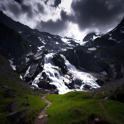 Waterfall in Snowy Mountains