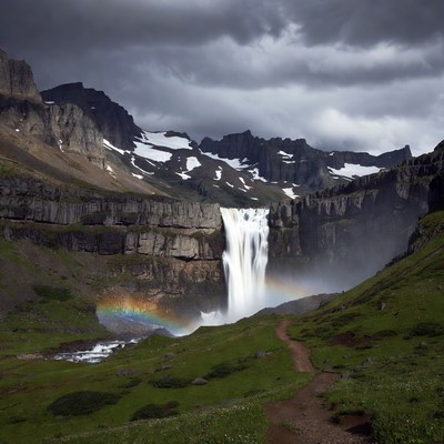 Waterfall with Rainbow in Mountains