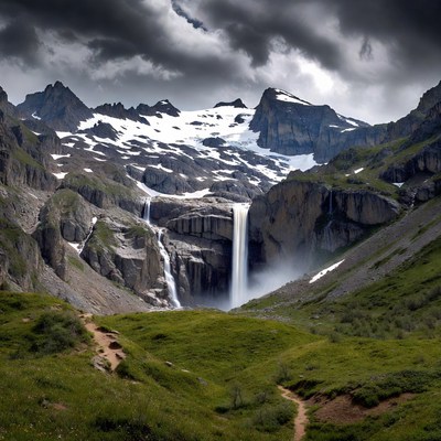 Mountain Waterfall in Stormy Valley
