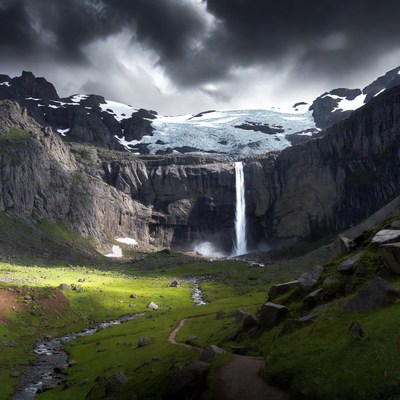 Waterfall in Snowy Mountains with Path