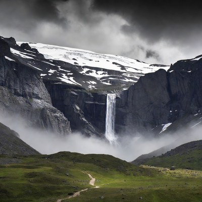 Majestic Waterfall in Snowy Mountains