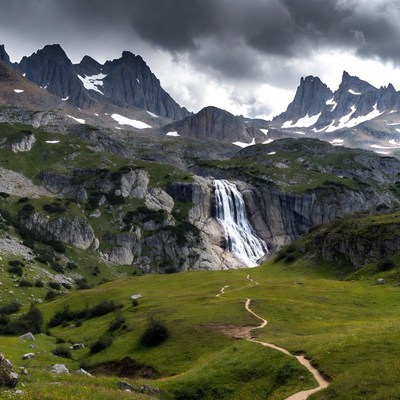 Waterfall in Snowy Mountains with Trail