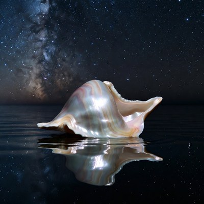 Conch shell on water under Milky Way