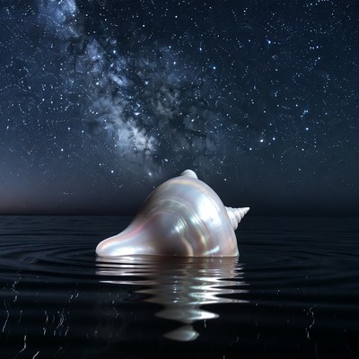 Shiny Seashell in Starry Night Ocean