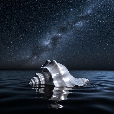 Seashell in water under Milky Way