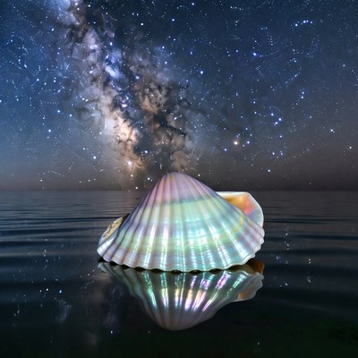 Shiny Seashell on Water under Milky Way