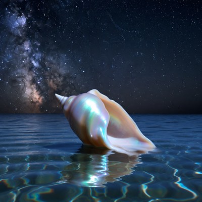 Iridescent Seashell in Starry Ocean Night