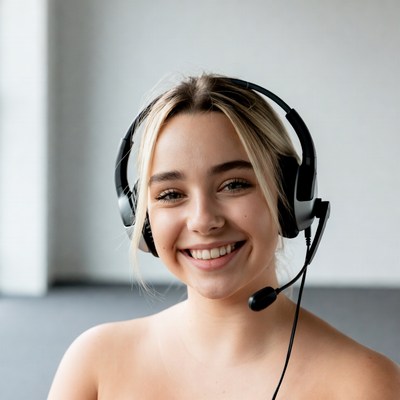 Blonde woman smiling with headset