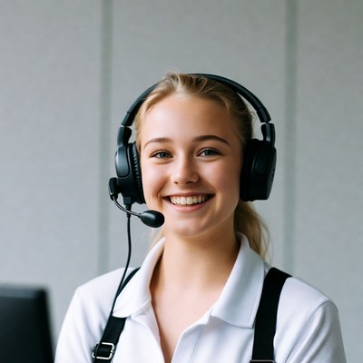 Smiling woman wearing headset