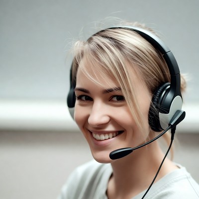 Smiling blonde woman wearing headset