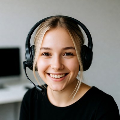 Smiling woman wearing headphones